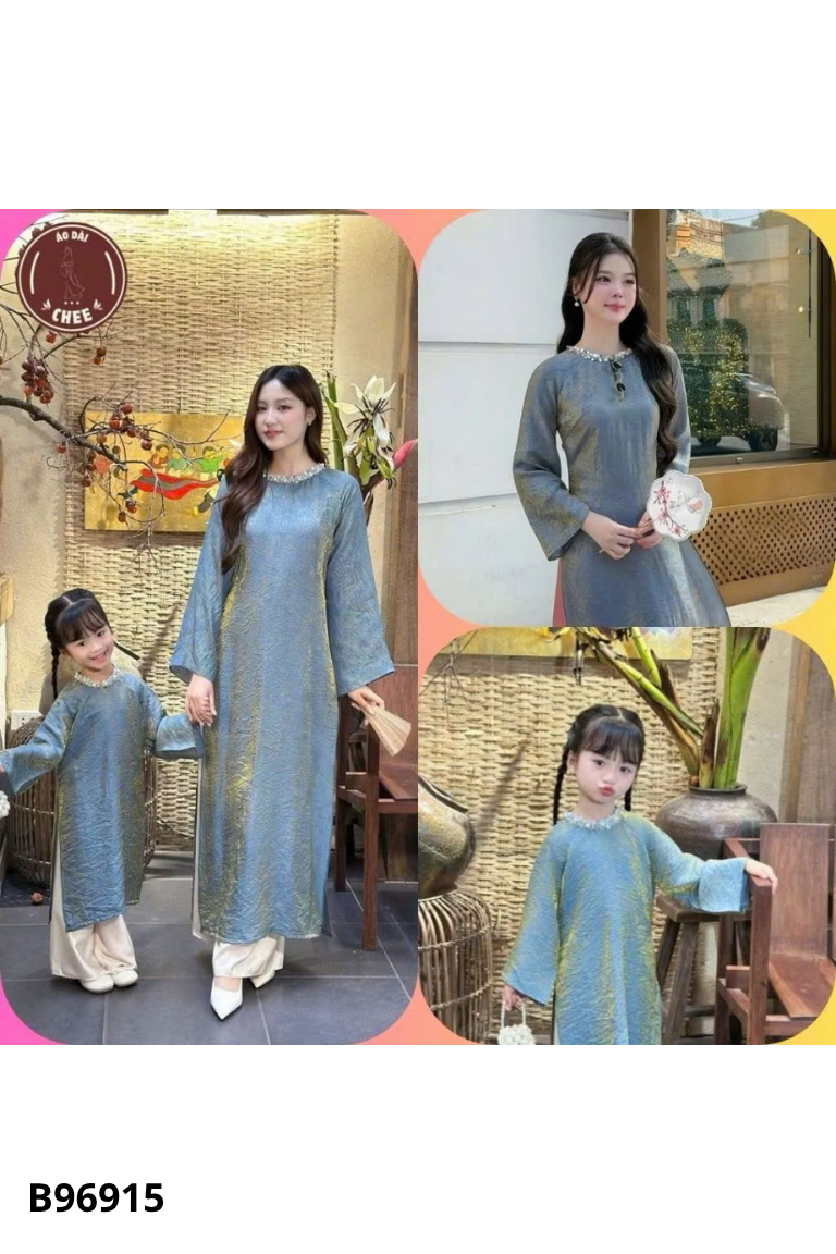 Áo dài xanh ánh nhũ cổ đính cườm