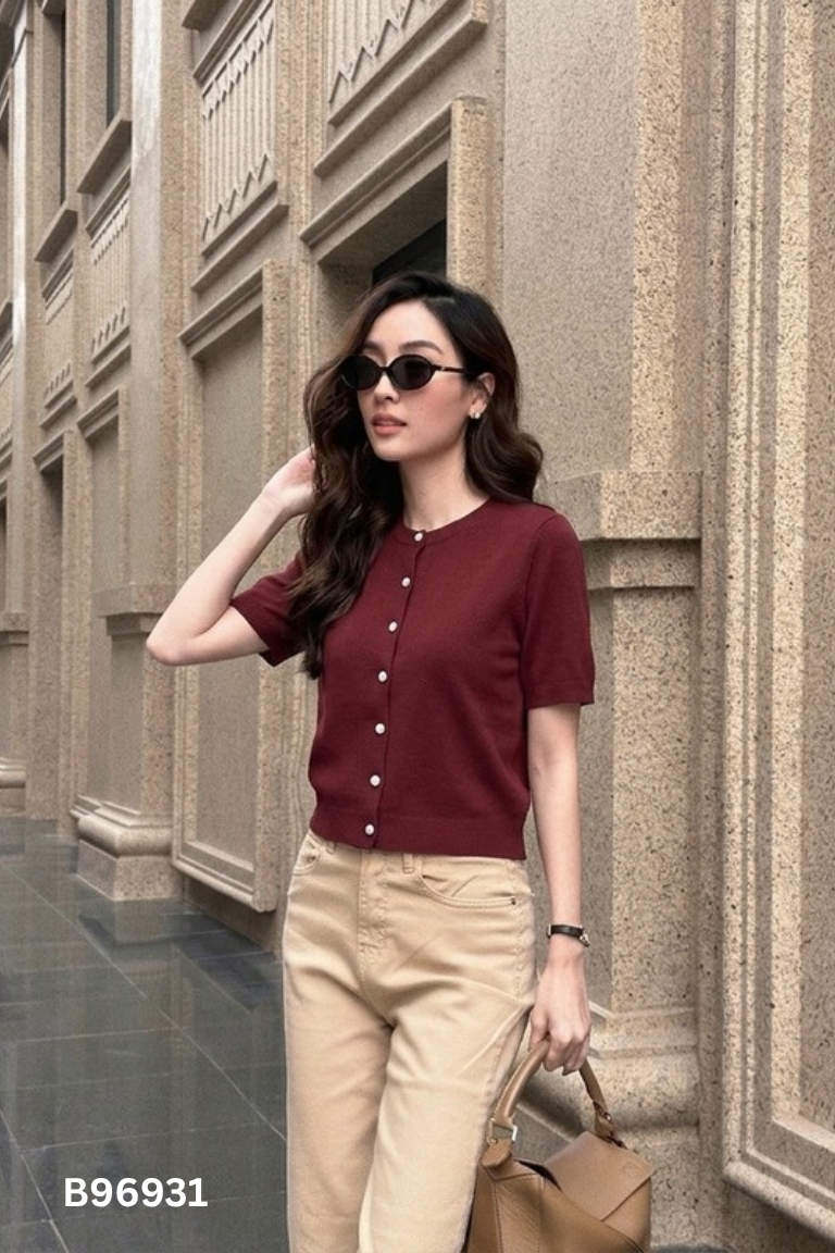 Áo cadigan len đỏ cộc tay