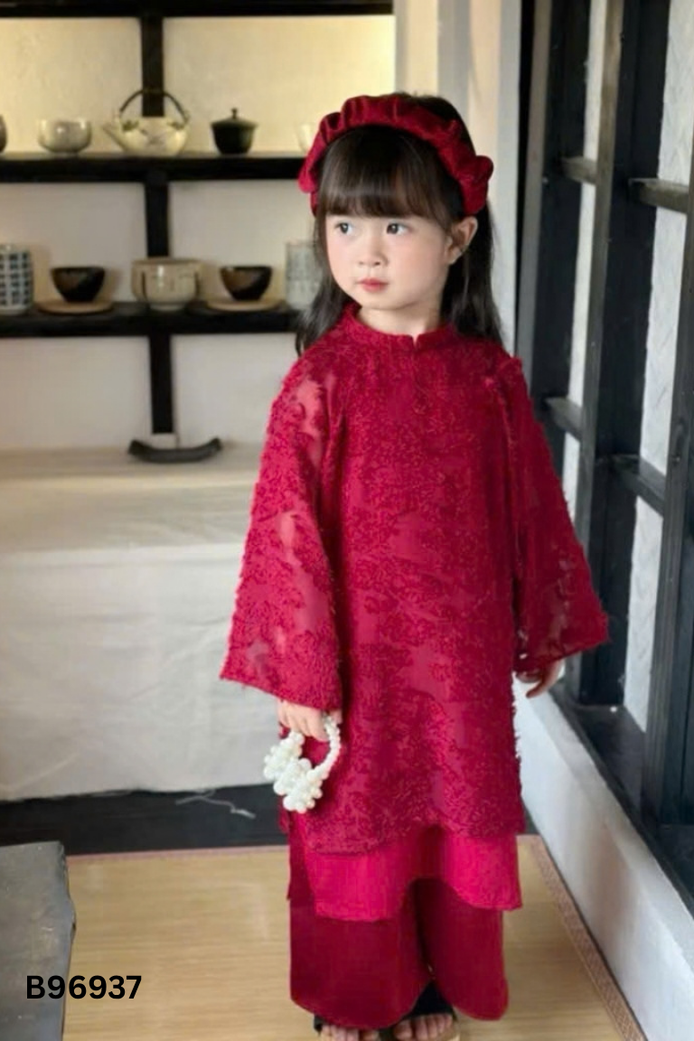 Set áo dài đỏ họa tiết kids