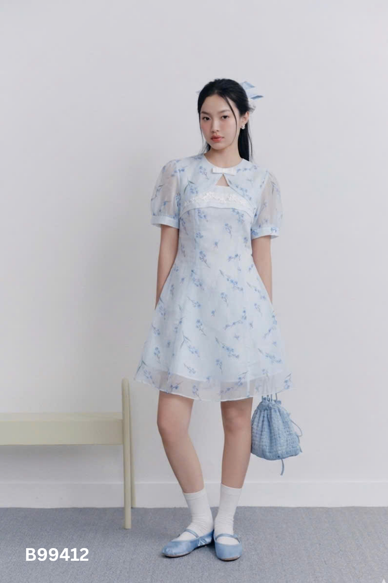 Váy xanh CHARME STORE họa tiết voan ánh
