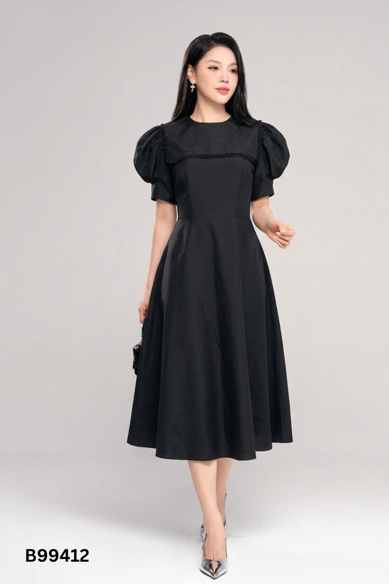 Váy đen 92WEAR tay phồng phối viền ren