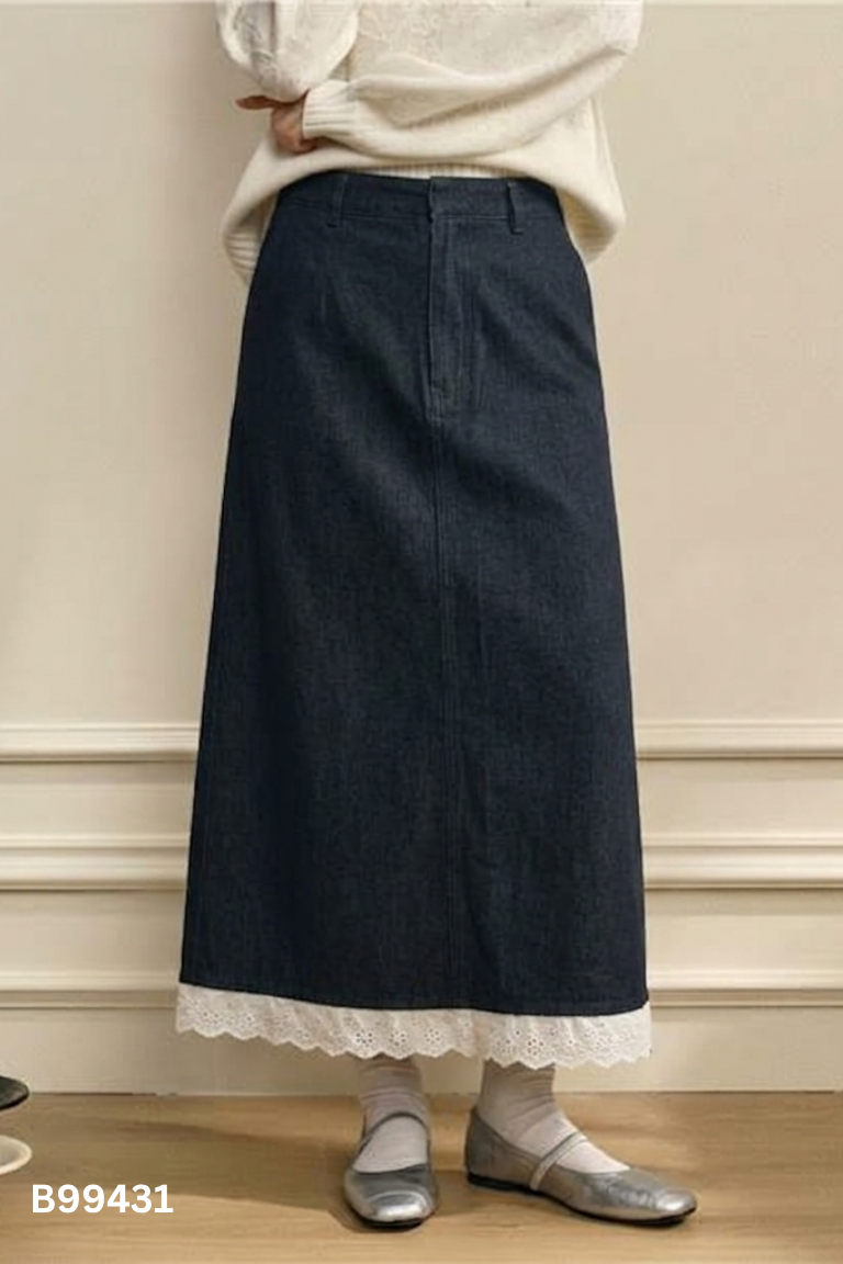 Chân váy jean RECHIC đen mix ren trắng