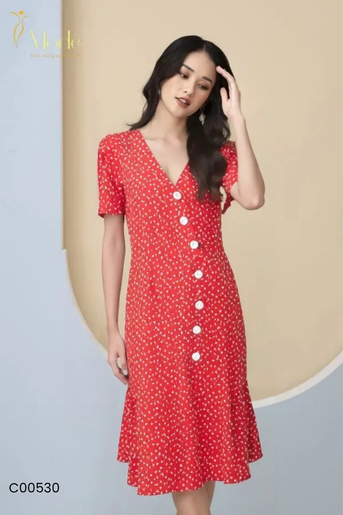 Váy ROSARA đỏ hoạ tiết trắng