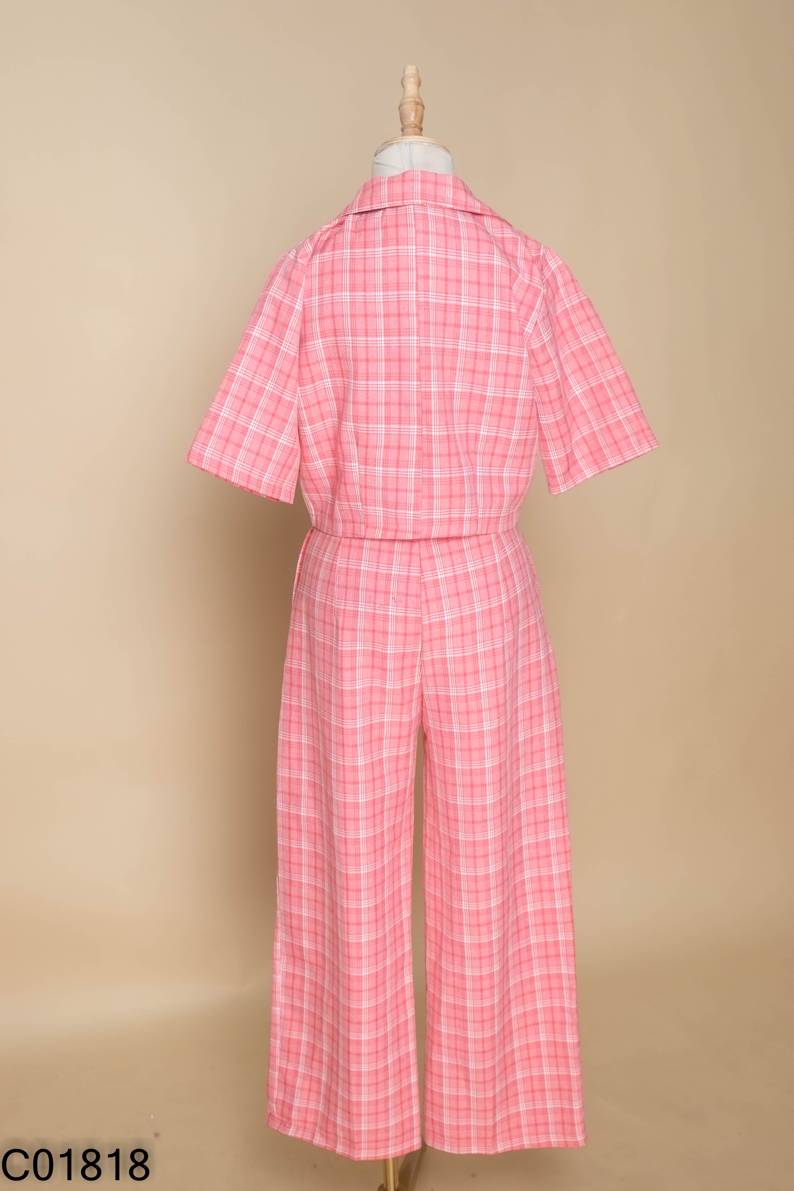 Set áo croptop + quần hồng caro