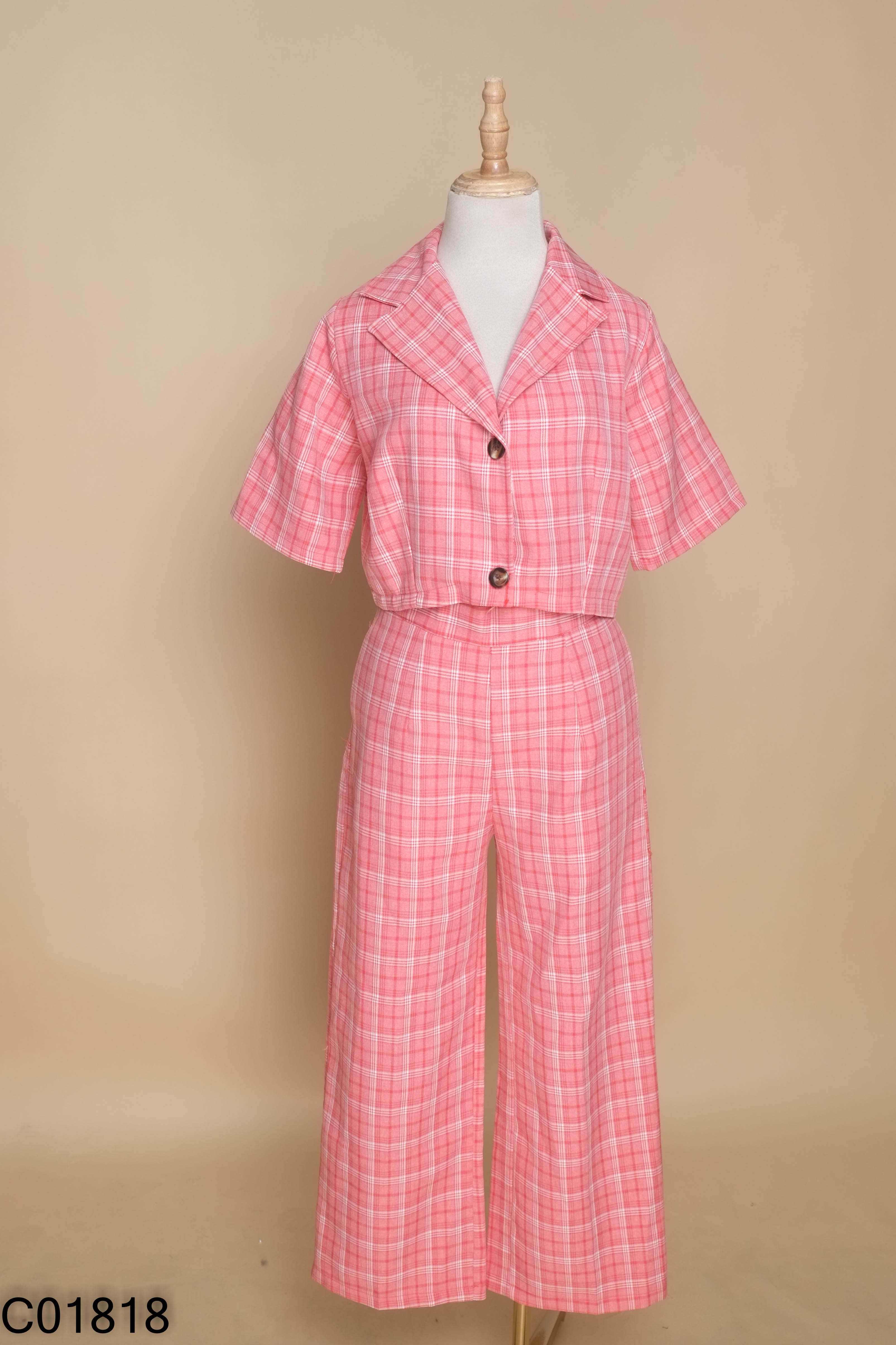 Set áo croptop + quần hồng caro