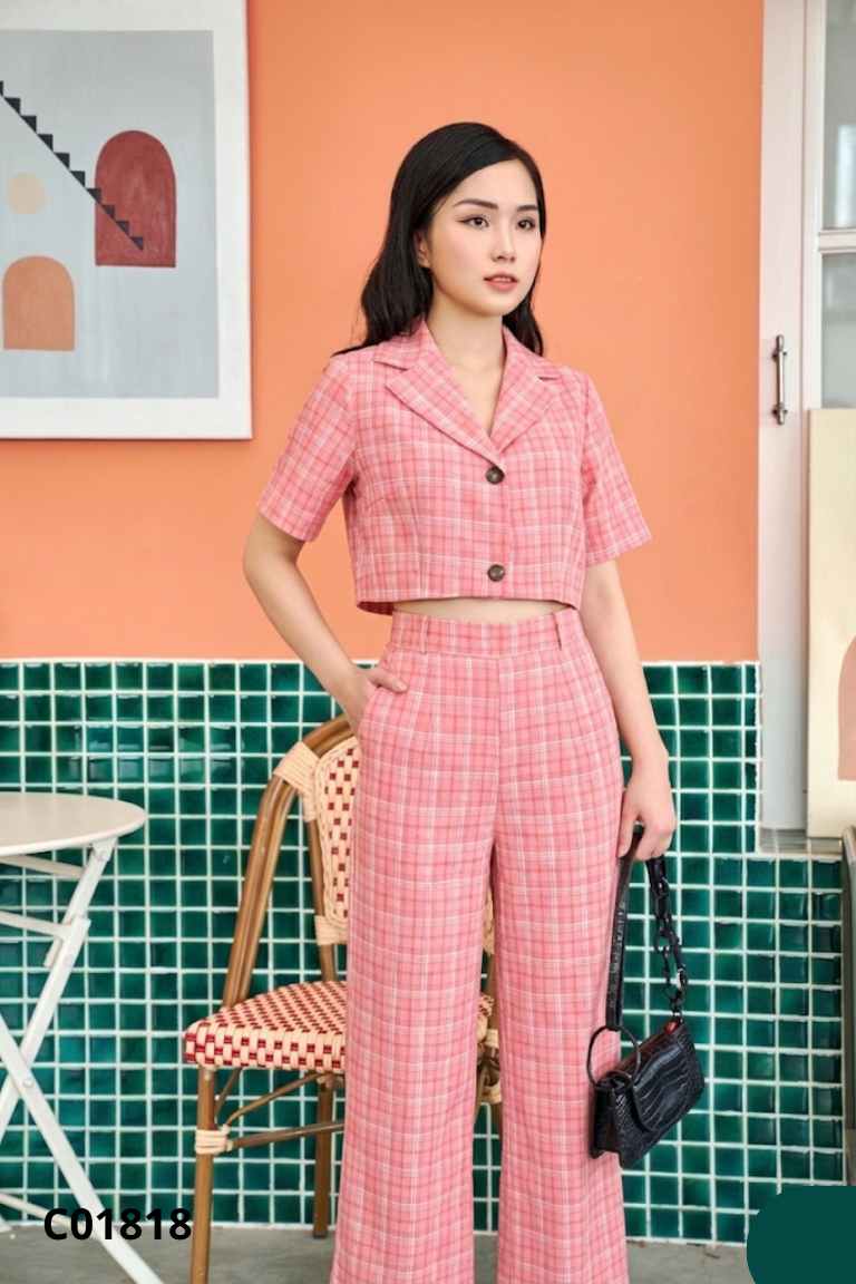 Set áo croptop + quần hồng caro