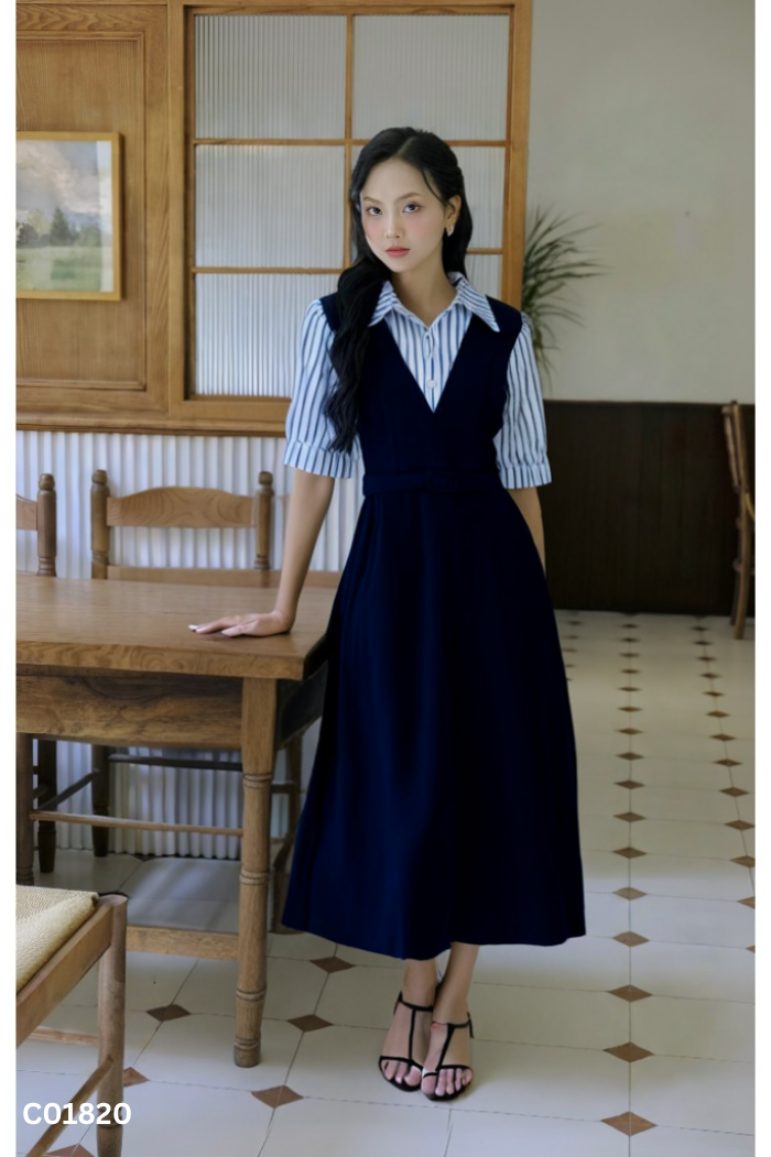 NEWTAG Váy xanh phối cổ sơ mi kẻ