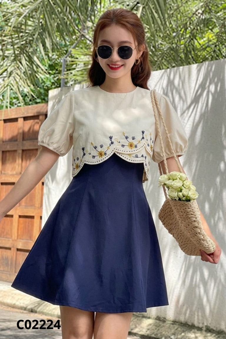 NEWTAG Váy be thêu hoa ODS phối xanh than