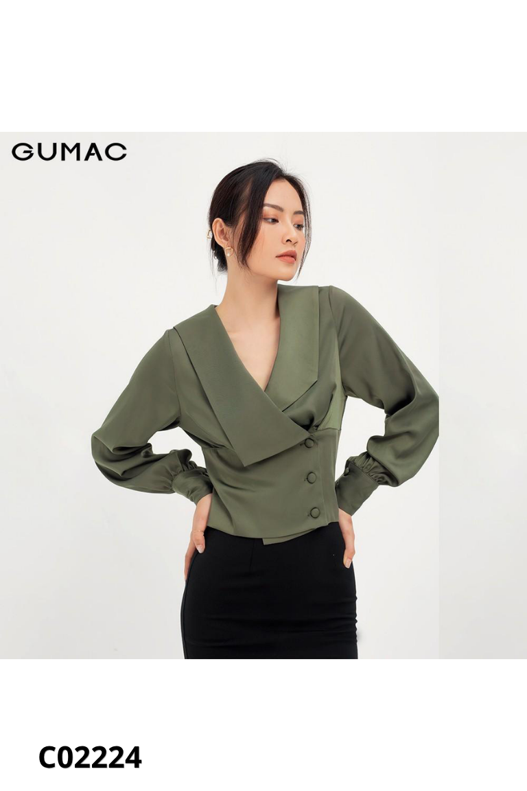 Áo lụa xanh rêu GUMAC cổ vạt