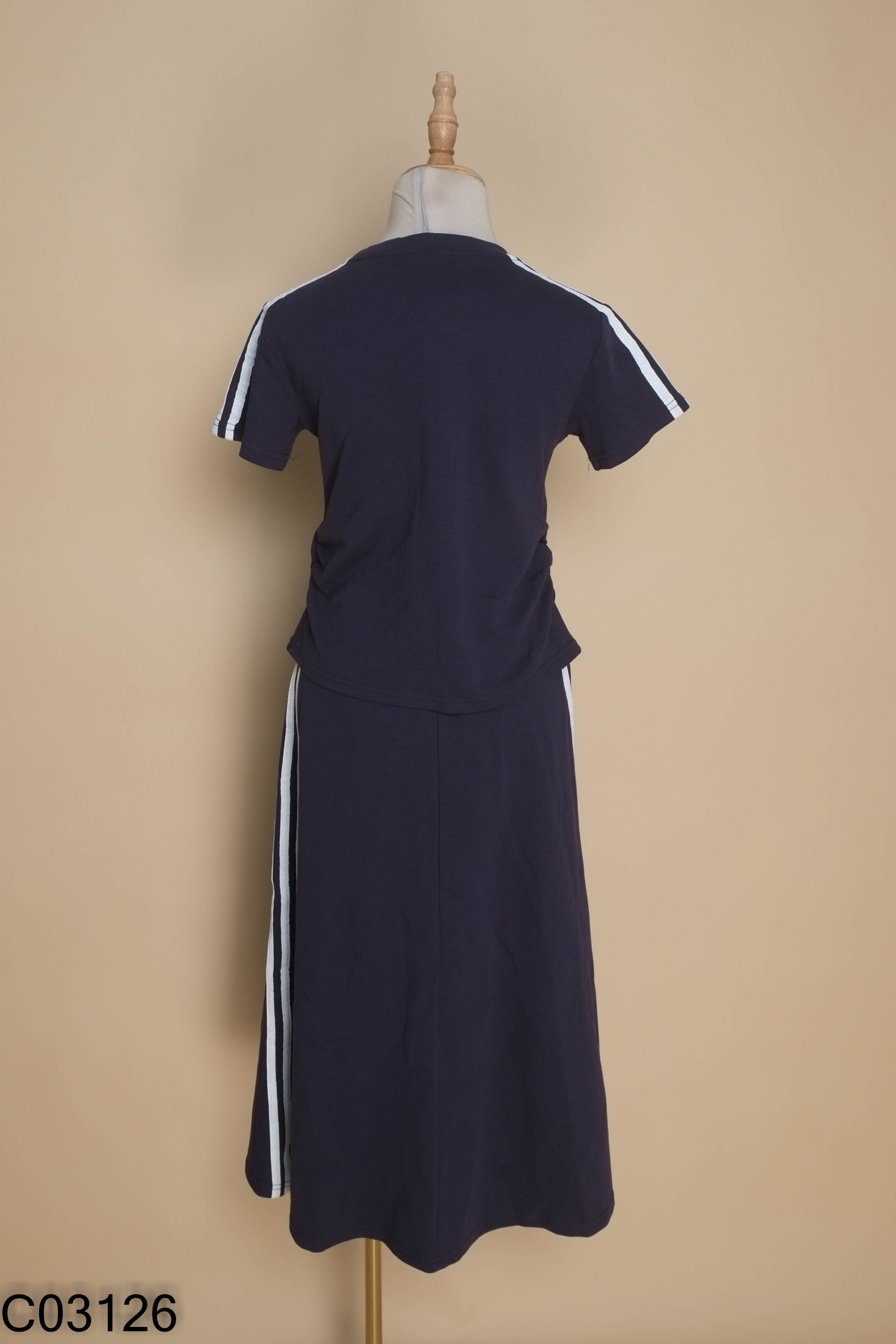 NEWTAG Set xanh than sọc trắng áo + chân váy