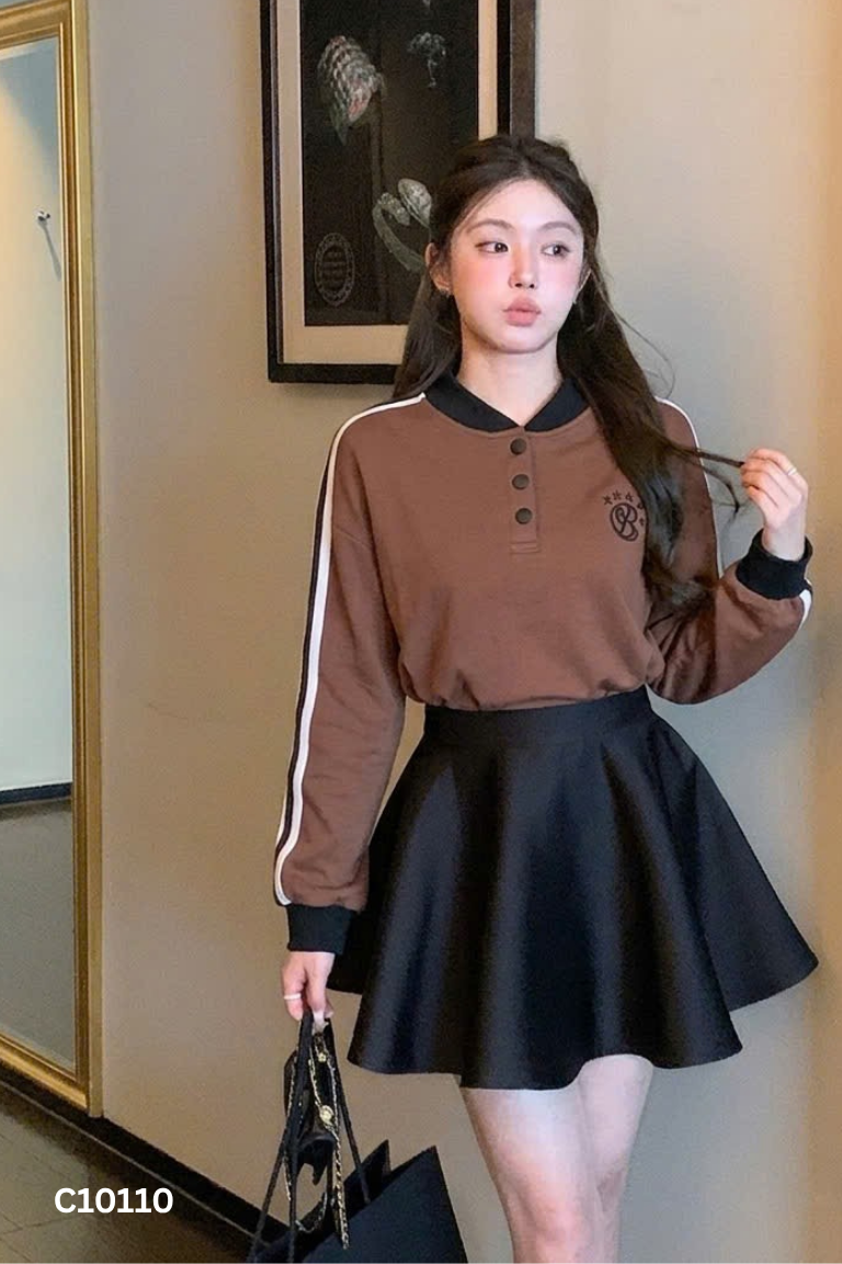 Áo nỉ nâu phối sọc be
