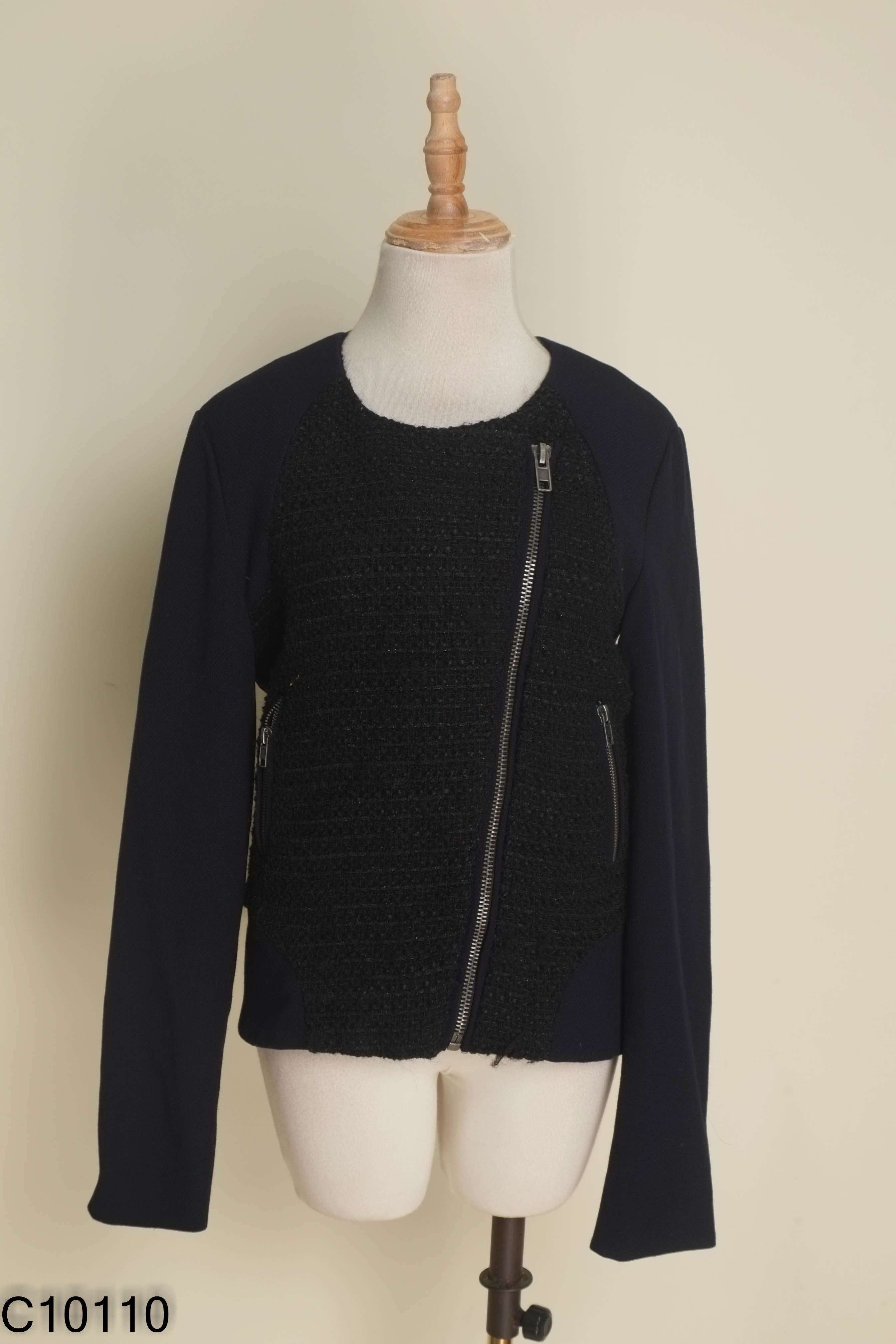 Áo NAFNAF khoác xanh than phối dạ tweed đen