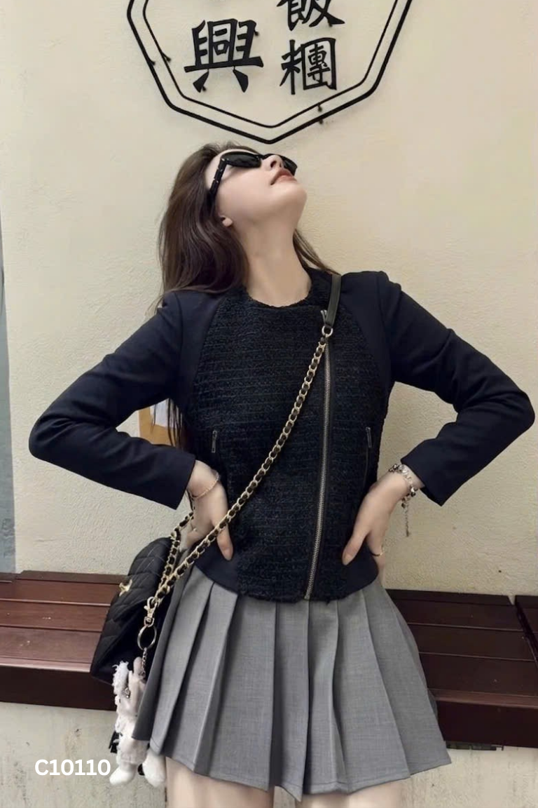 Áo NAFNAF khoác xanh than phối dạ tweed đen