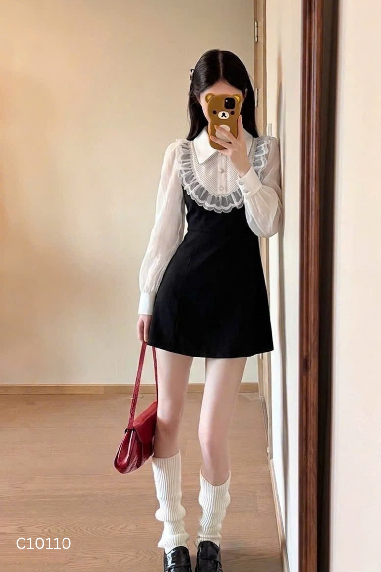 Váy đen phối voan trắng