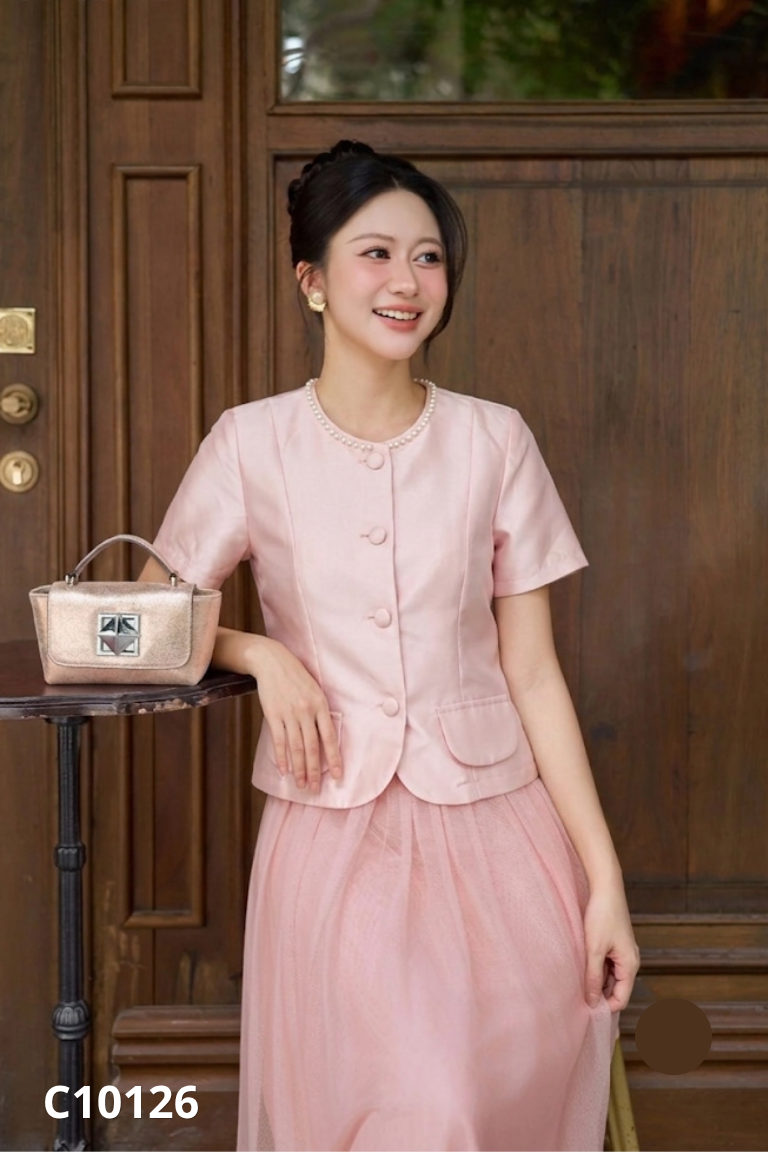 NEWTAG Áo taffa hồng đính ngọc
