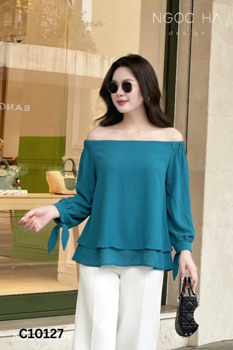 Áo trễ vai xanh