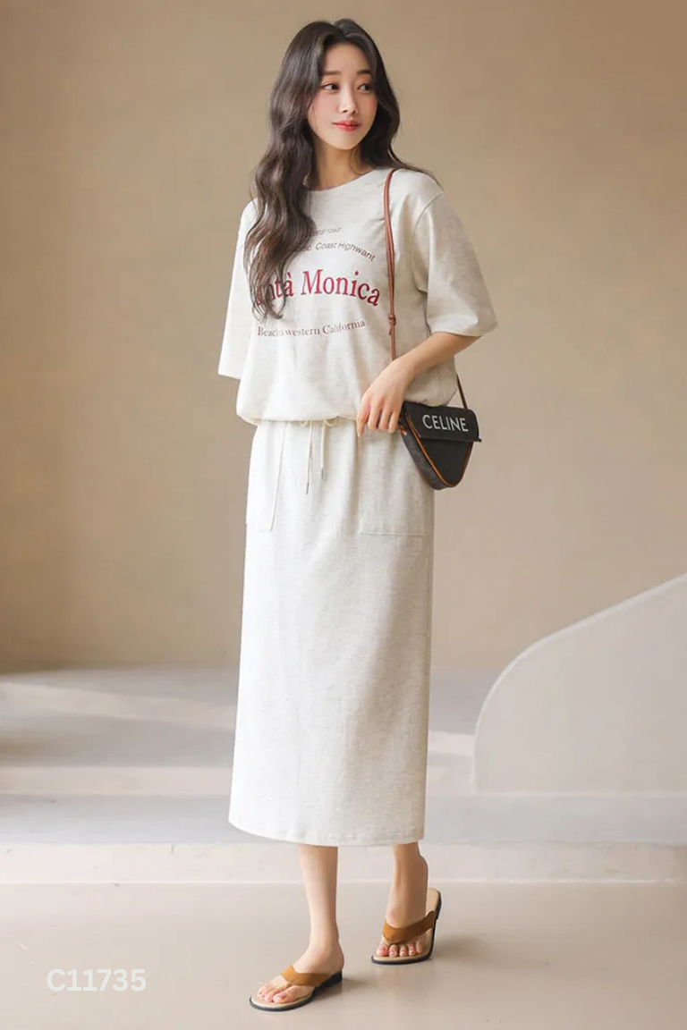 Set Áo be in chữ + chân váy