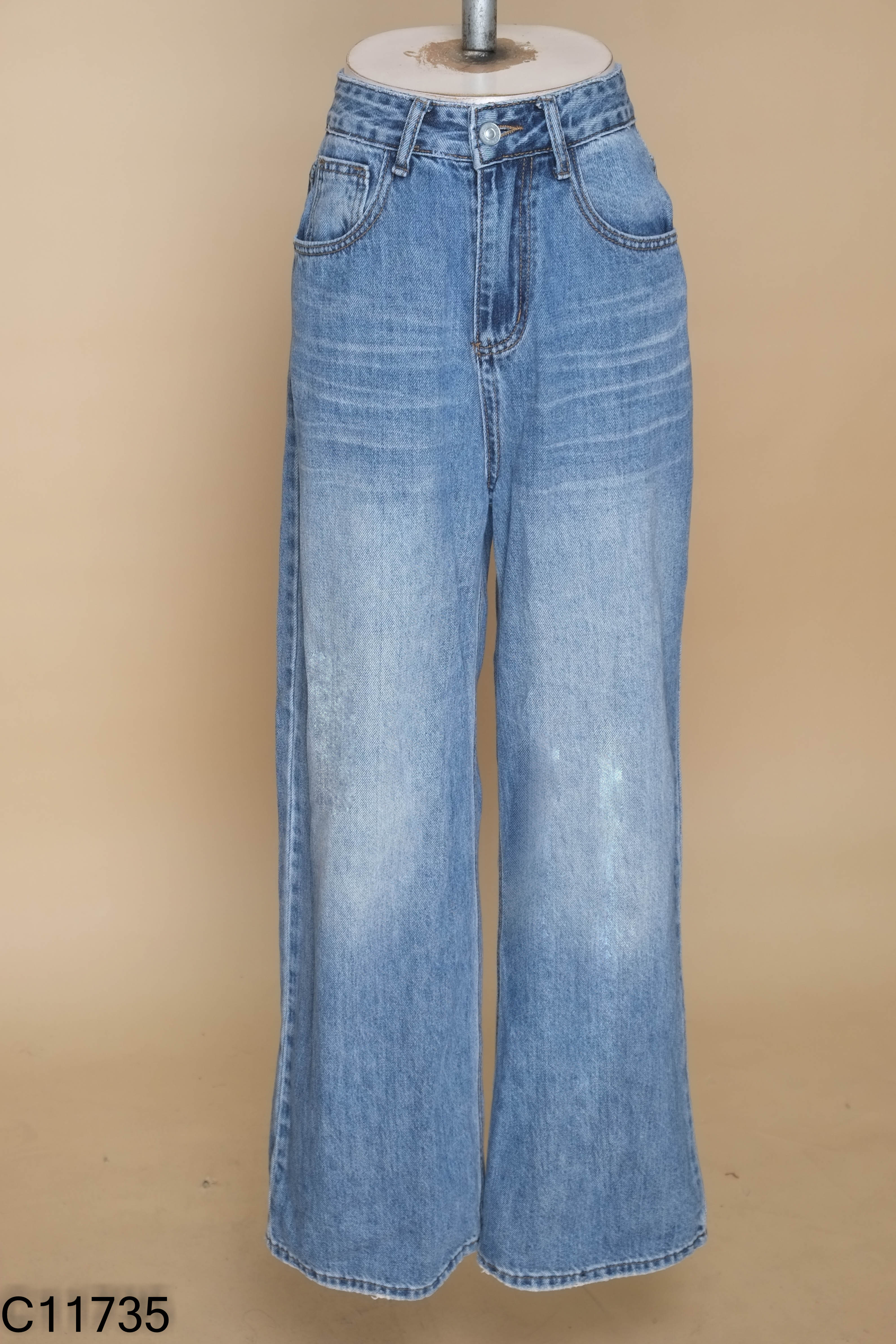 Quần jeans suông xanh trơn