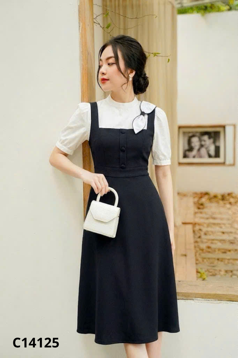 NEWTAG Váy đen phối trắng đính nơ