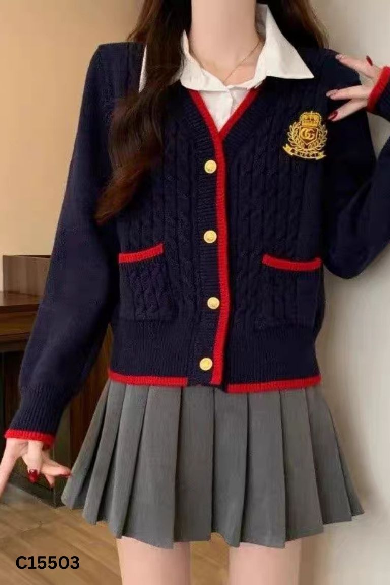 Áo len xanh than phối cổ sơ mi trắng