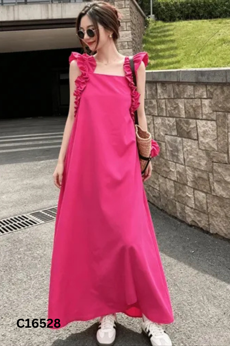 Váy linen hồng viền bèo