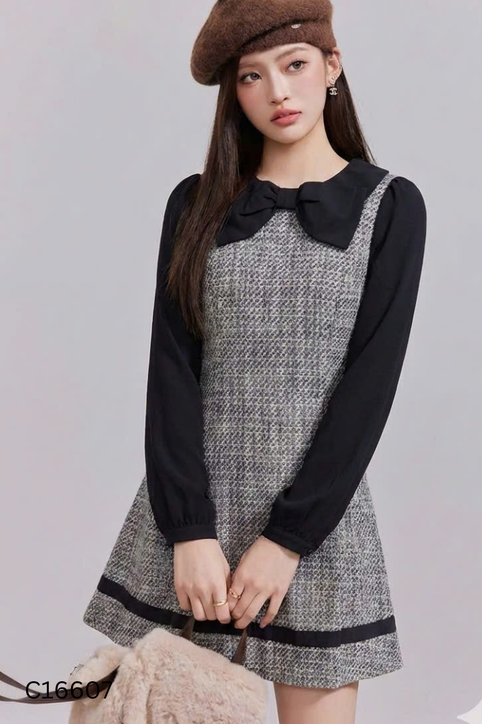 Váy dạ tweed xám phối xanh than
