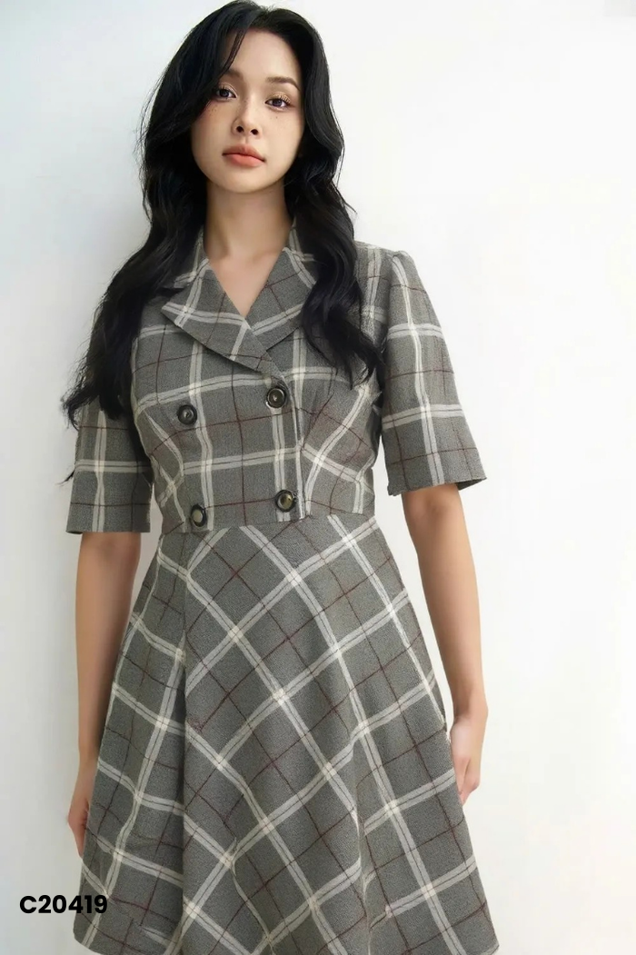 Váy ghi be ADORE DRESS kẻ phối cúc