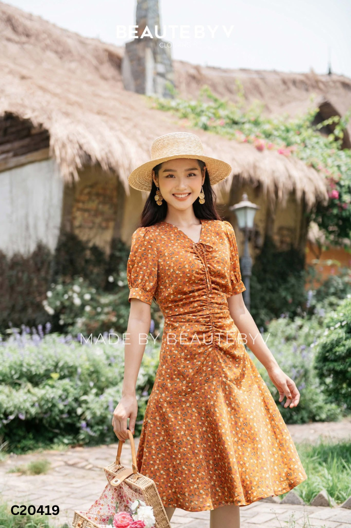 Váy nâu hoa BEAUTE BY V dúm