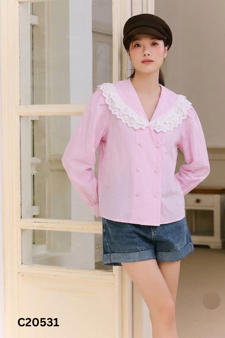 Áo sơ mi hồng kẻ trắng