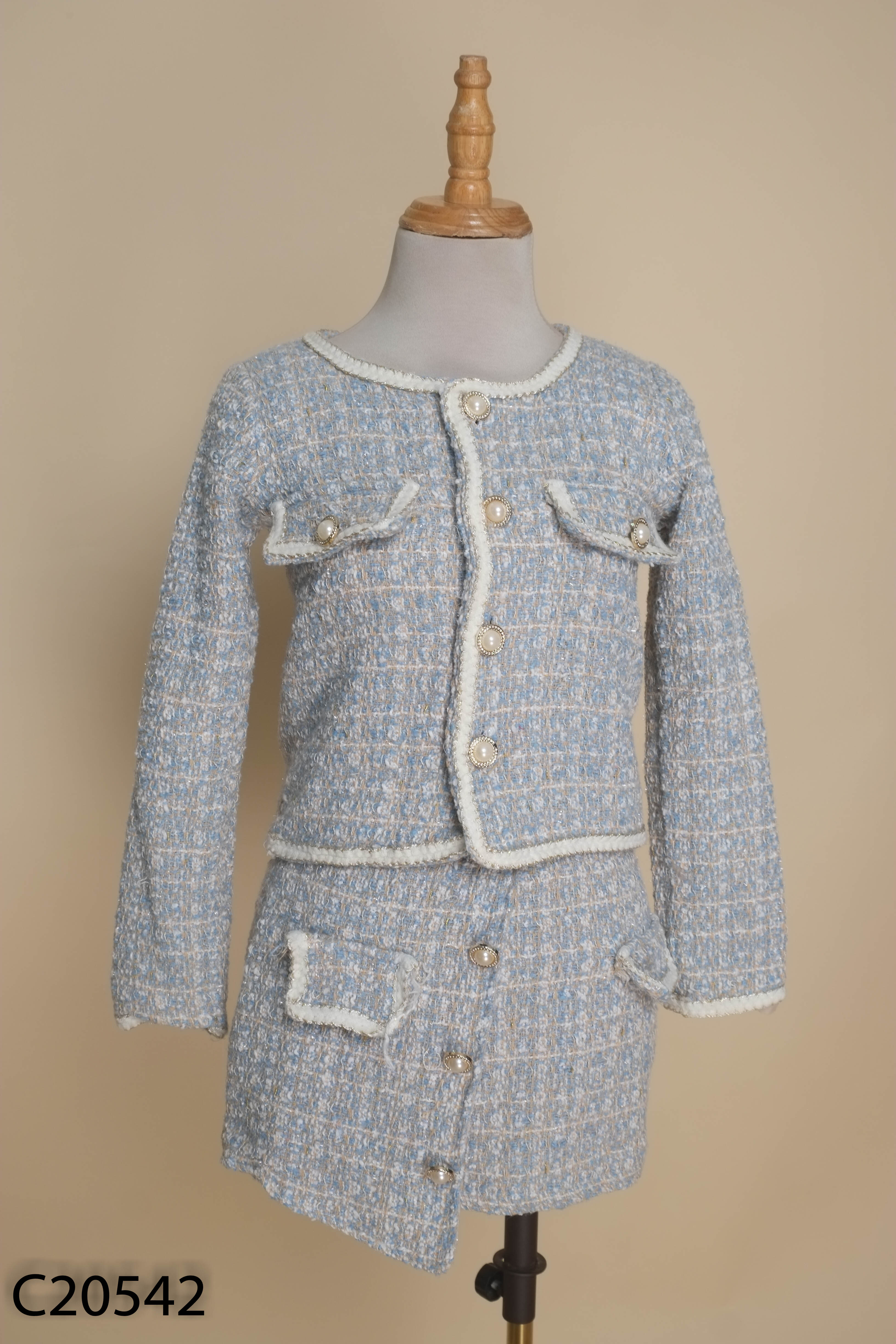 Set dạ tweed xanh họa tiết+váy