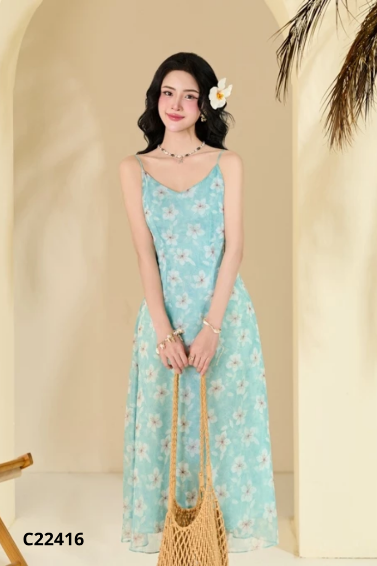 Váy voan xanh dai dây ORCHID họa tiết