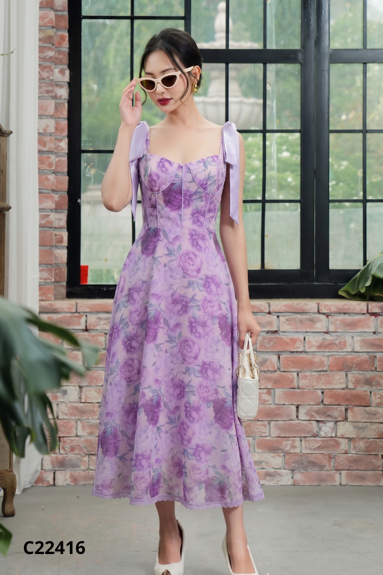 Váy tím YOONA họa tiết hoa phối nơ vai