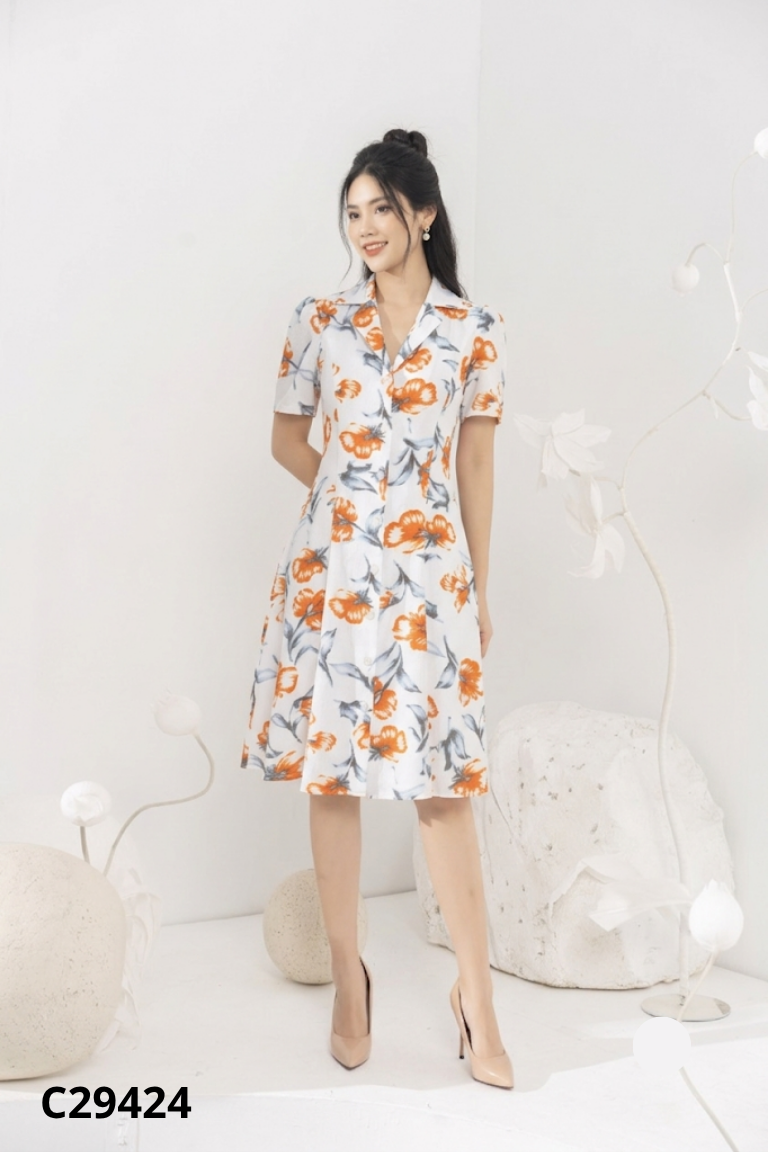 Váy trắng CECI CELA hoa nâu cam