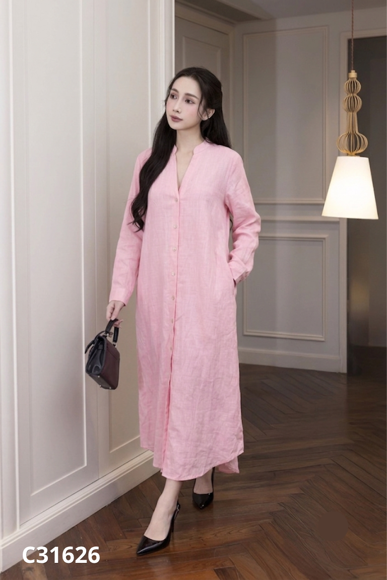 Váy linen TNK hồng phối cúc