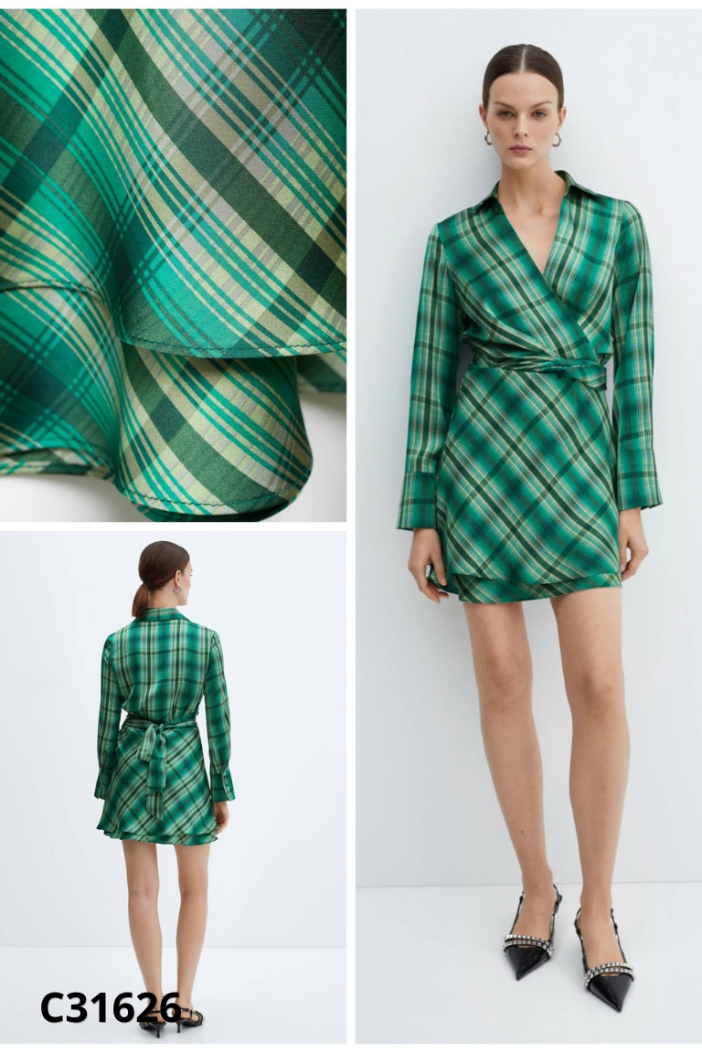 NEWTAG Váy lụa MANGO xanh kẻ caro