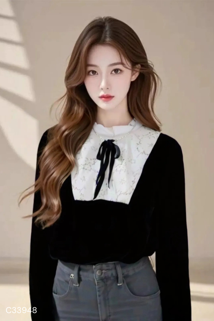 Áo nhung đen phối cổ ren