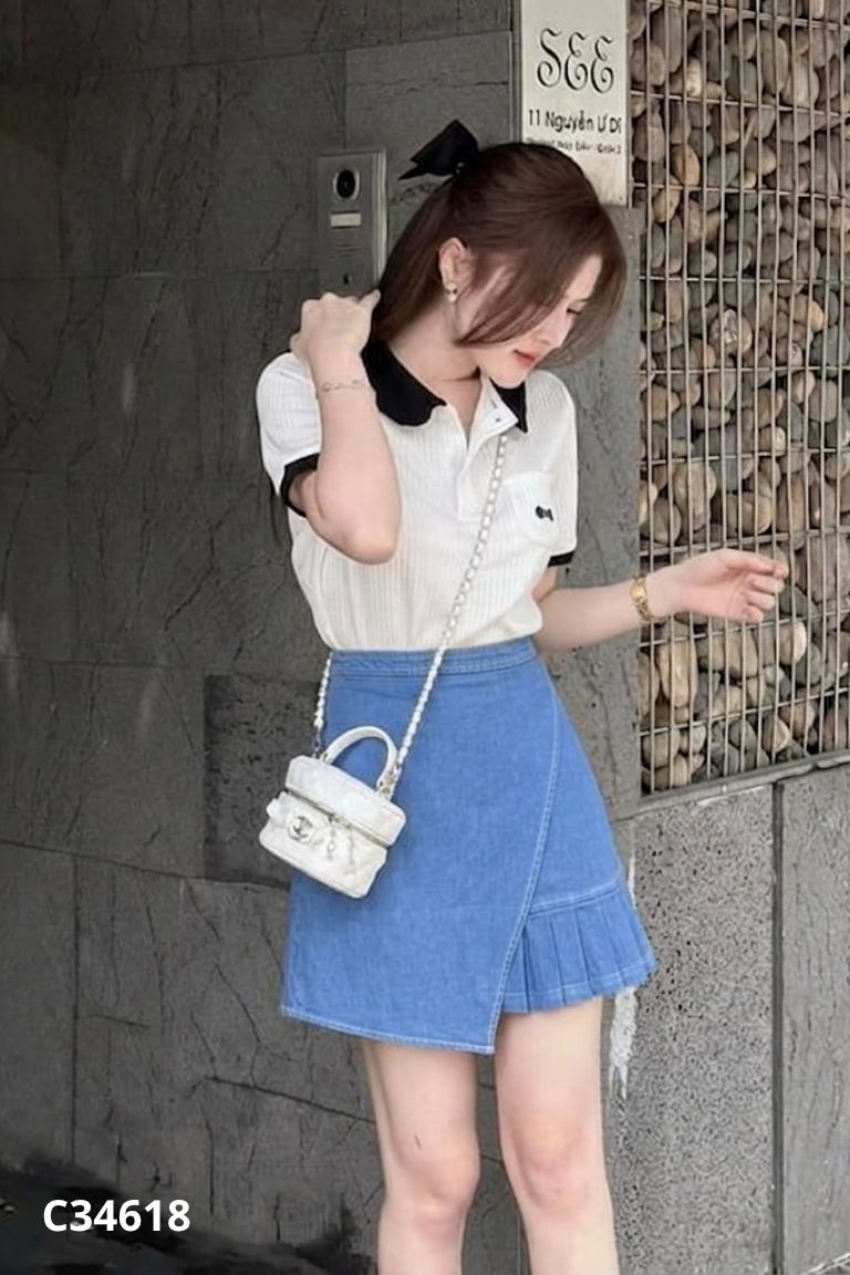 Chân váy SEVEN AM xanh xếp ly