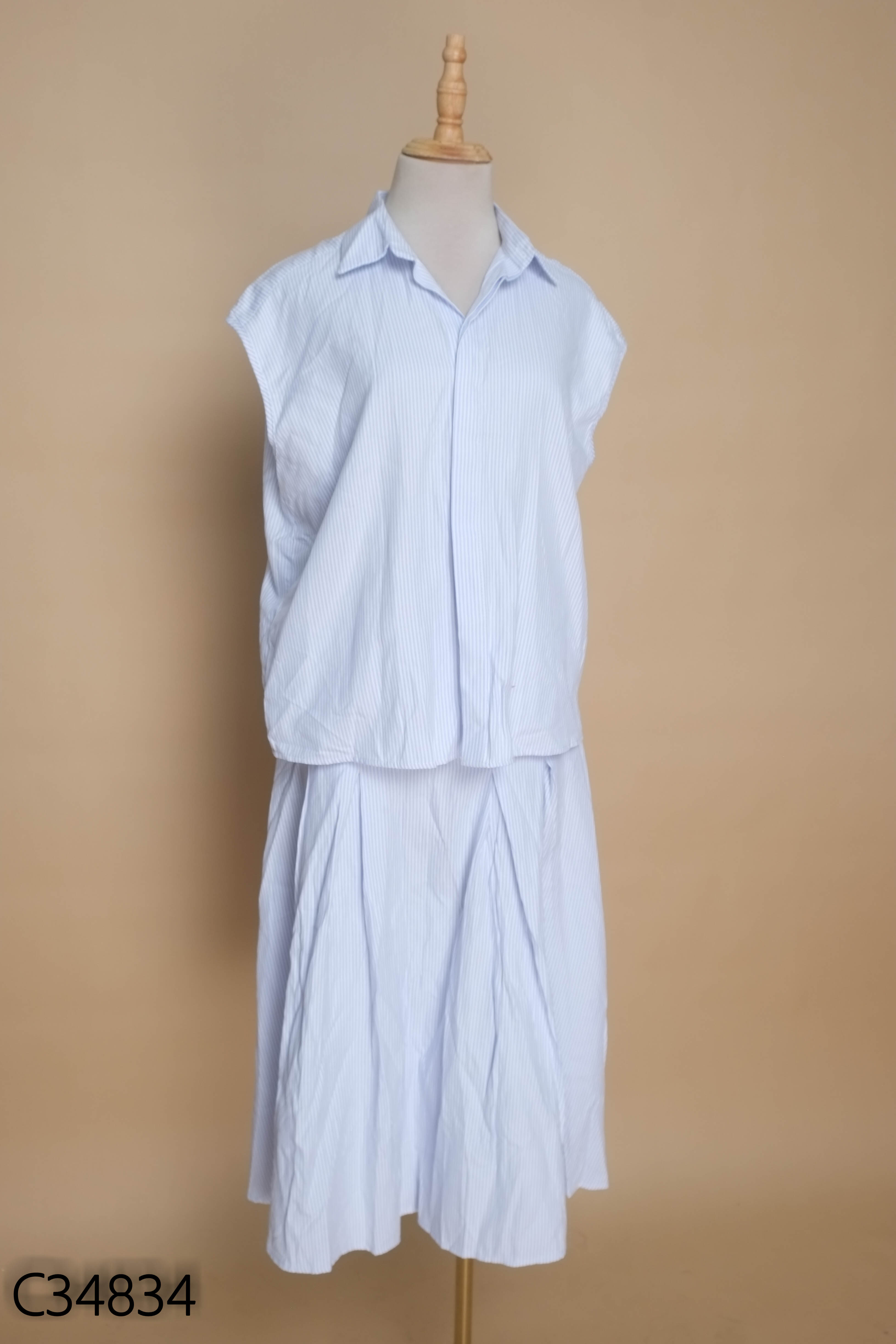 NEWTAG Set Áo ZARA xanh kẻ sọc + Chân váy xanh