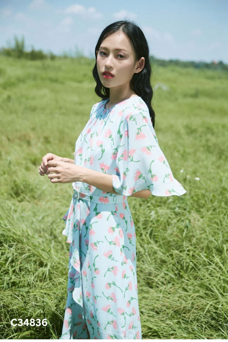 Váy xanh ELISE hoa hồng