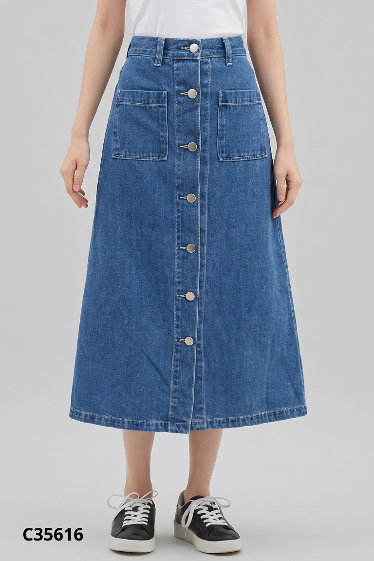 Chân váy GU jeans xanh phối cúc