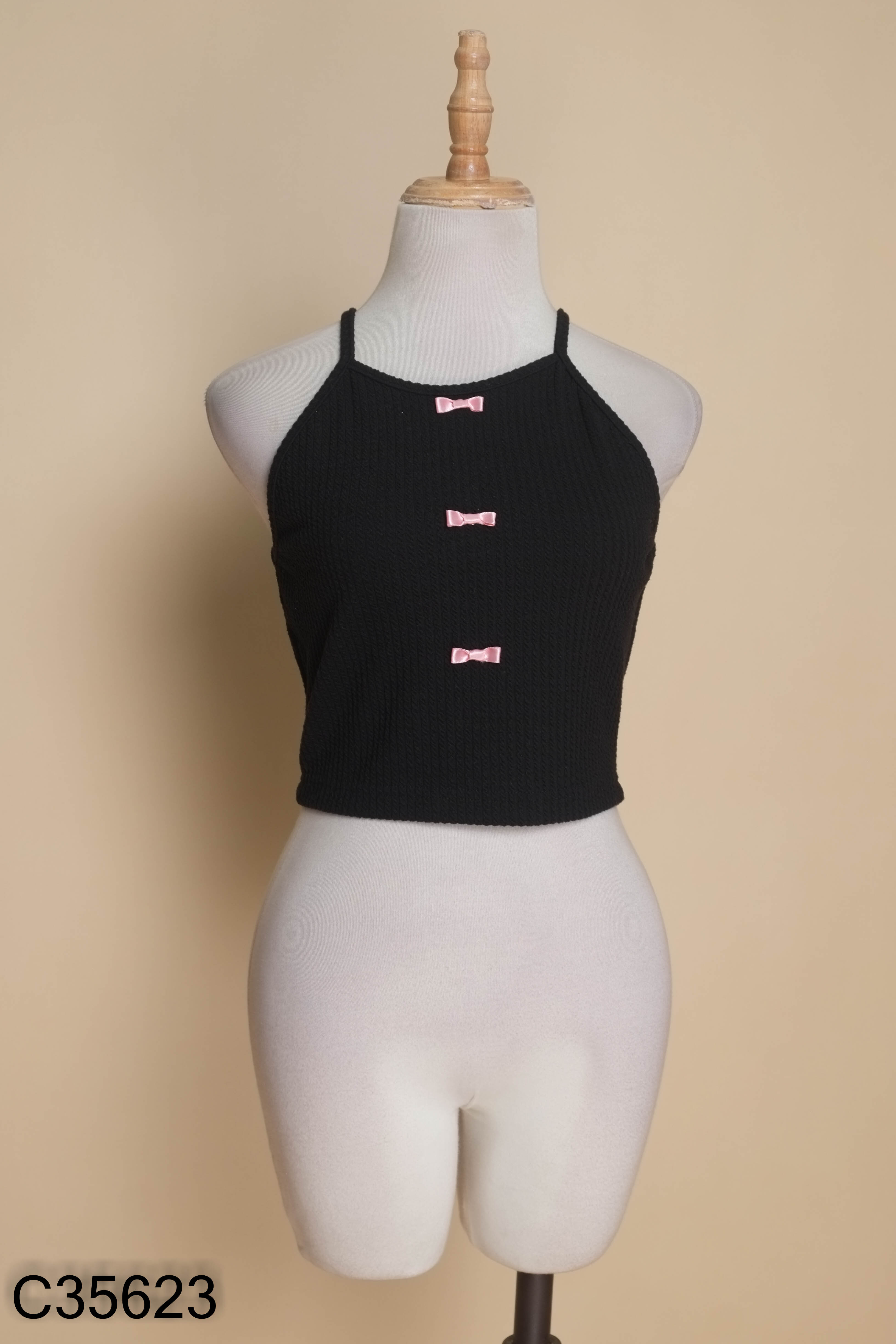 Áo hai dây croptop đen nơ hồng JOIE DES ROSES