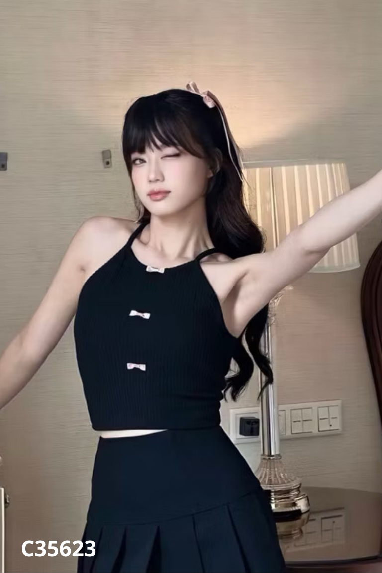 Áo hai dây croptop đen nơ hồng JOIE DES ROSES