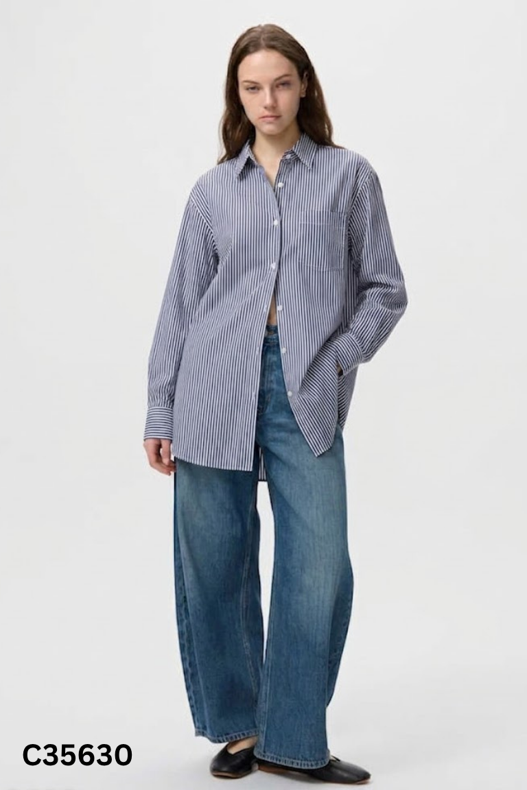 Áo sơ mi UNIQLO xám kẻ trắng