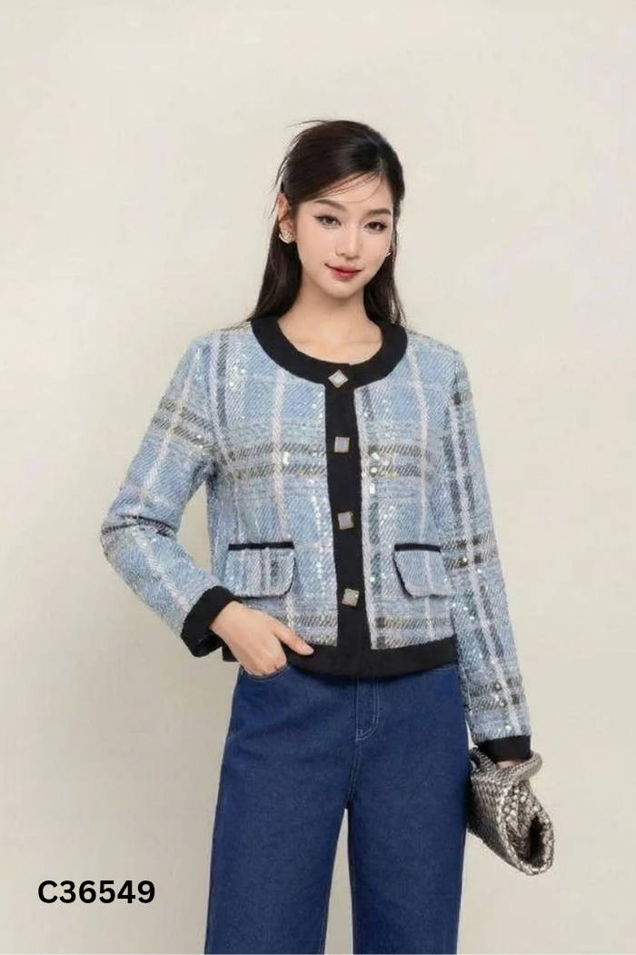 Áo khoác dạ lửng xanh phối đen