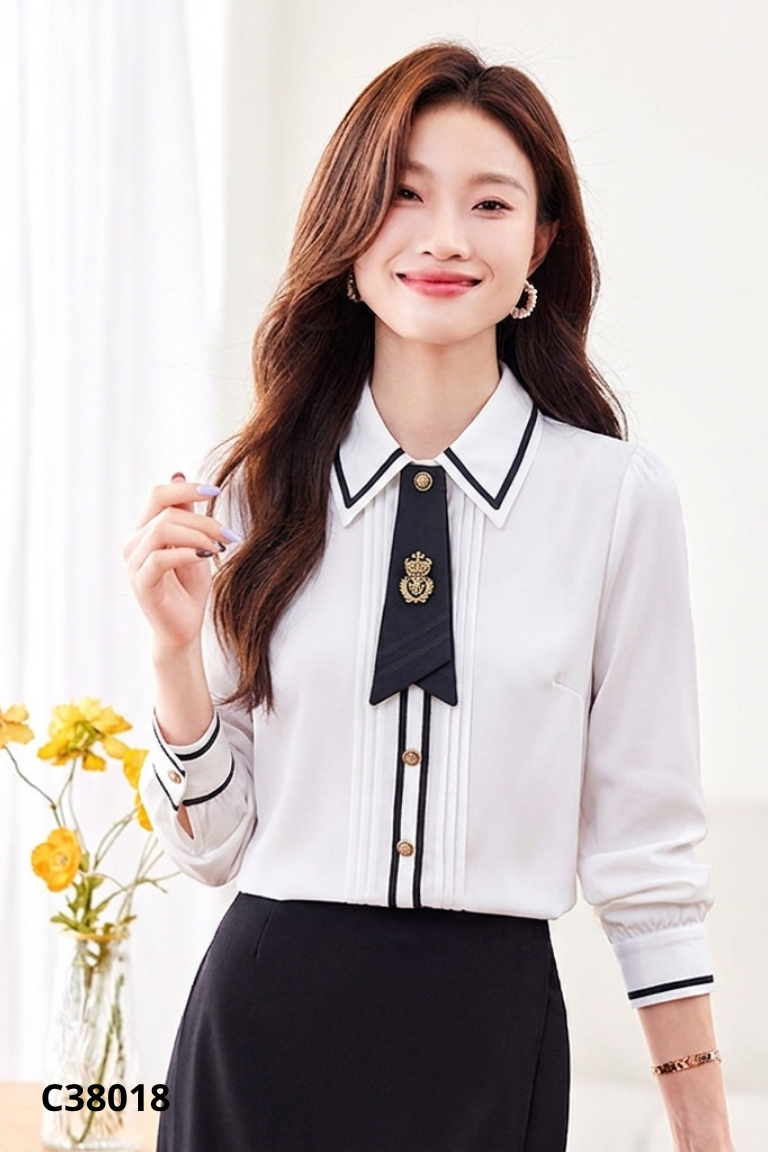 NEWTAG Áo sơ mi nữ trắng phối đen