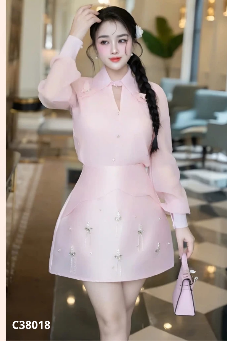 NEWTAG Set 3 Áo sơ mi voan hồng + Áo hai dây + Chân váy