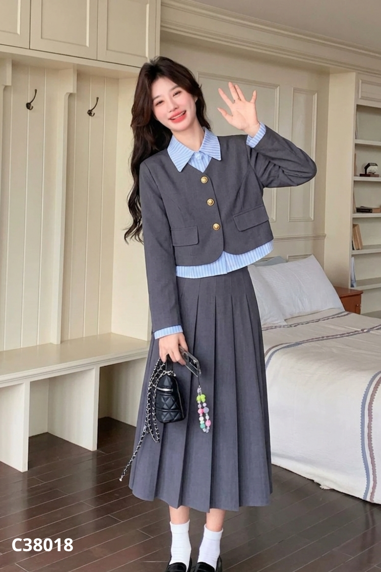 Set Áo vest xanh xám mix cổ sơ mi + Chân váy