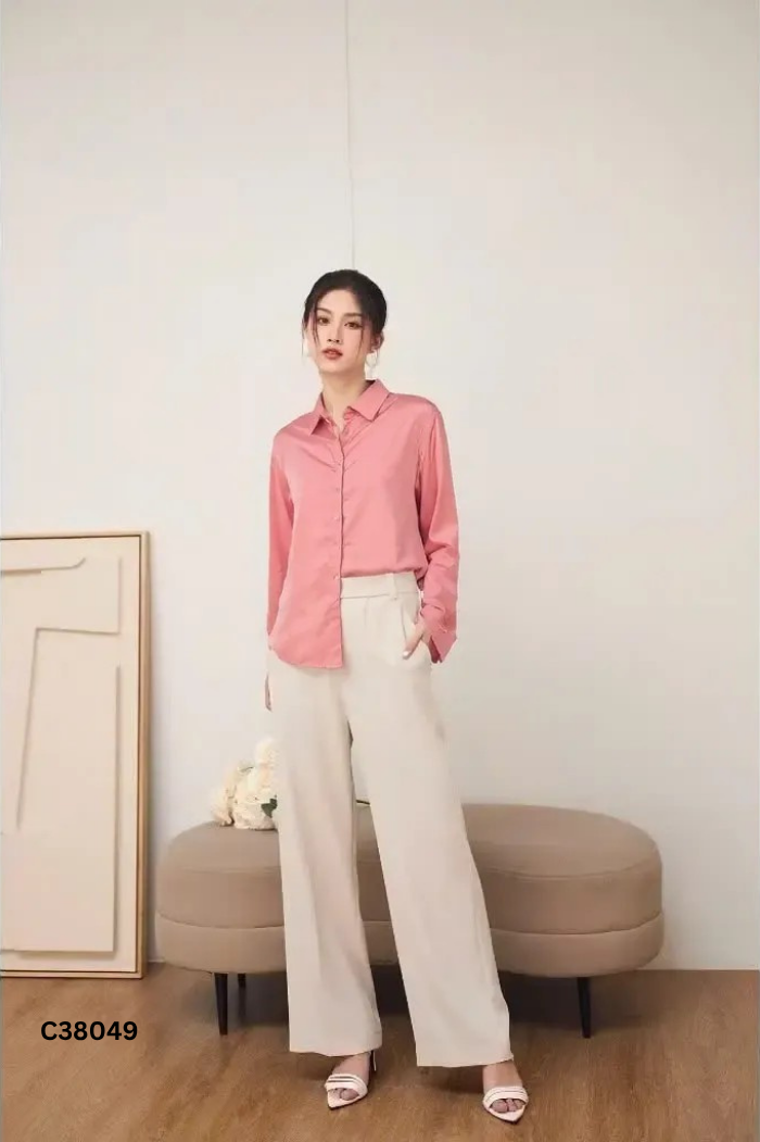 Áo sơ mi lụa hồng trơn