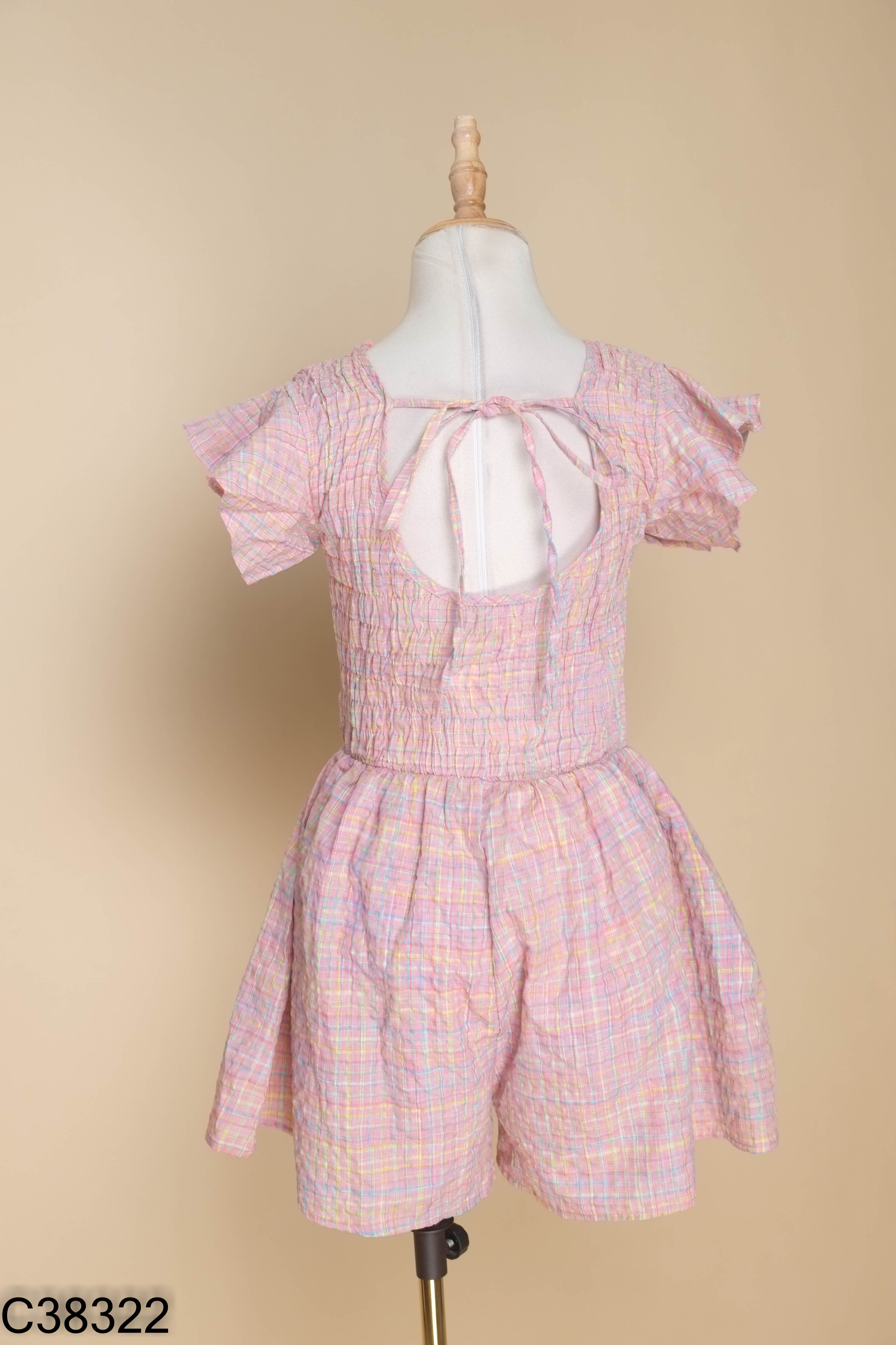Váy linen hồng kẻ caro