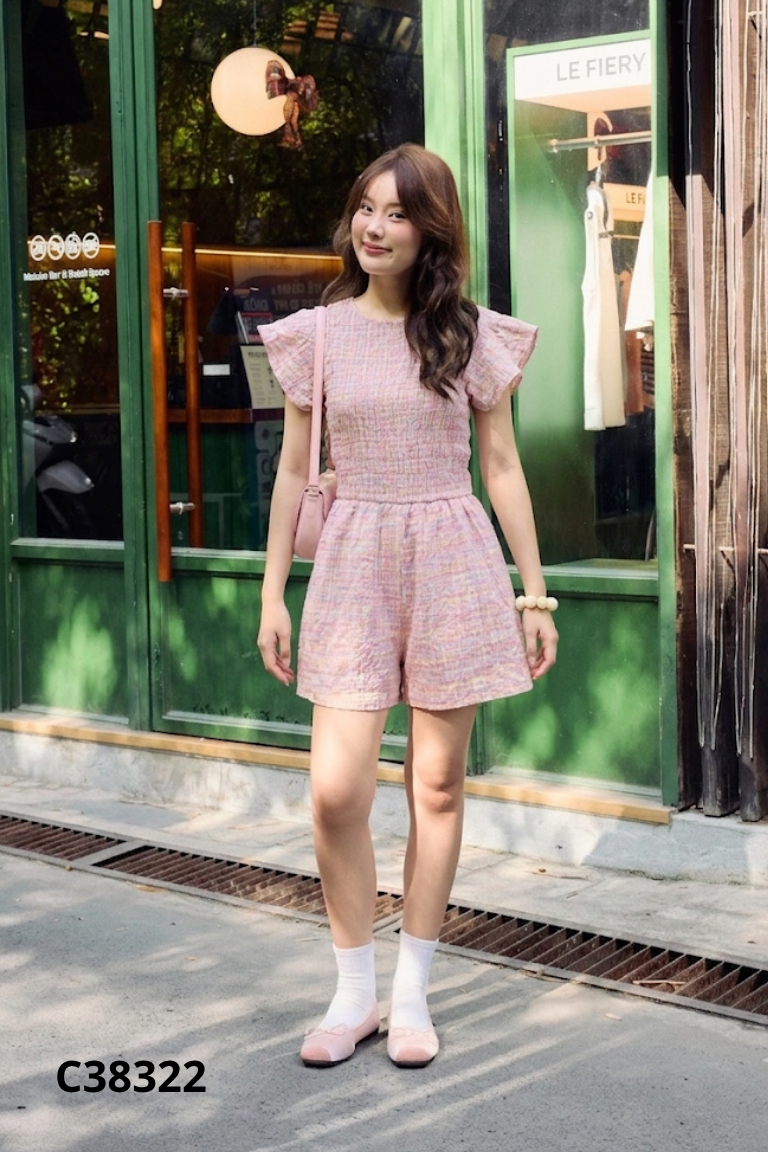 Váy linen hồng kẻ caro